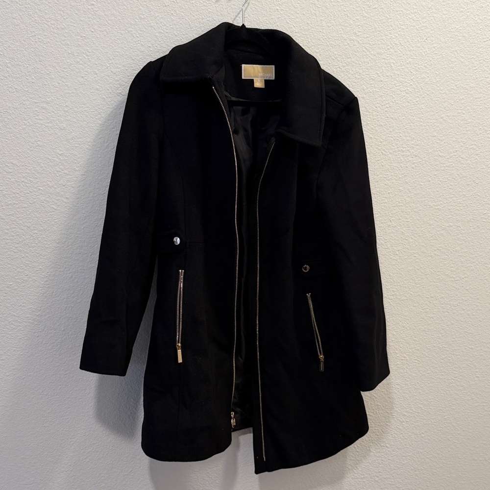 Michael Kors Black Wool-Blend Zip Front Pea Coat